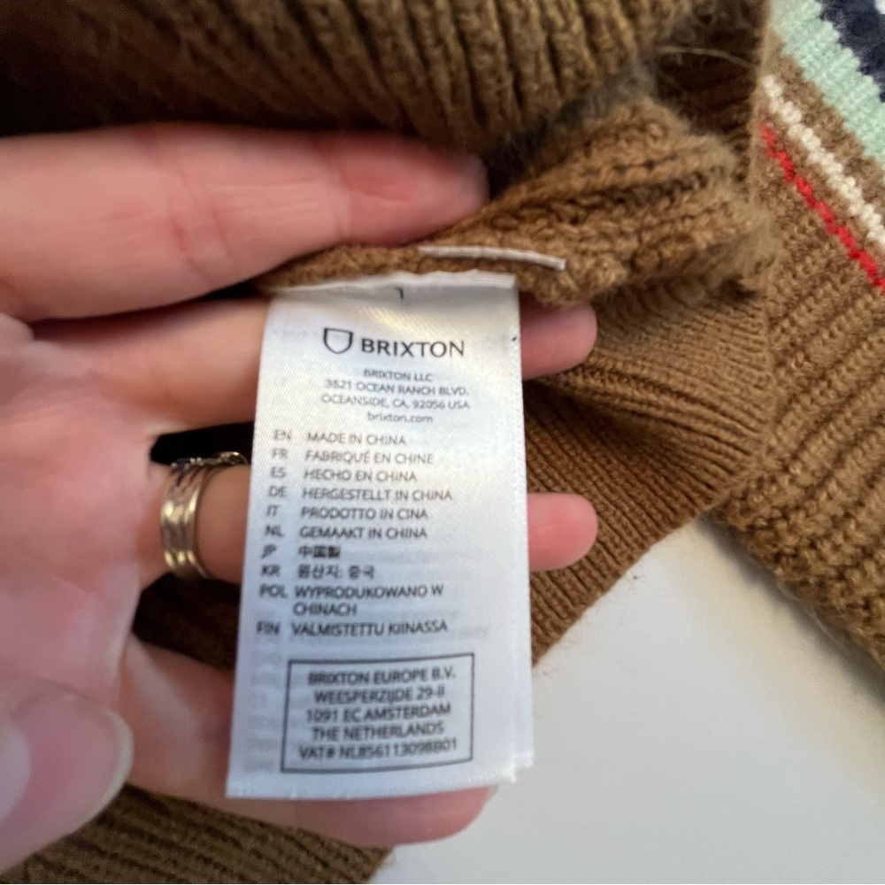 Brixton Tan and Navy Racing Striped Sweater Size Small - Picture 6 of 10